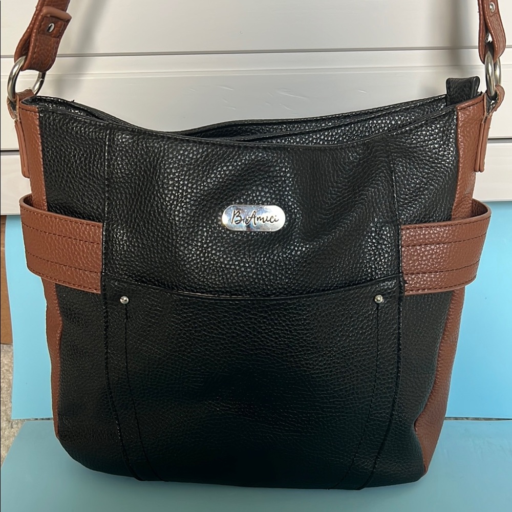 Black and Brown Shoulder Bag with Textured Leather and Silver Hardware